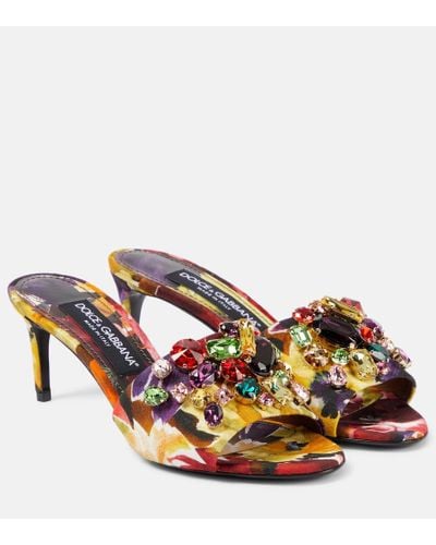Dolce & Gabbana Rhinestone-embellished Floral Satin Mules - Multicolor