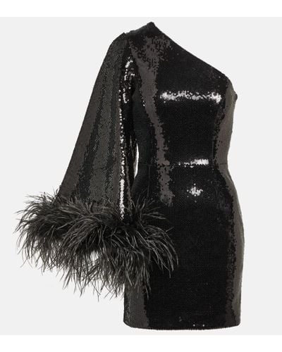 Rebecca Vallance Robe Nika asymetrique a sequins et plumes - Noir