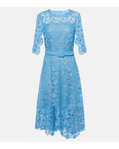 Oscar de la Renta Belted Lace Midi Dress - Blue