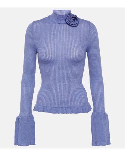 Blumarine Ruffle-trimmed Ribbed-knit Wool Jumper - Blue