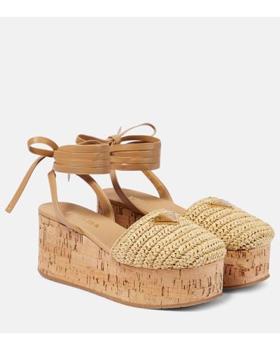 Prada Raffia-effect Wedge Sandals - Brown