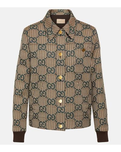 Gucci Monogram-pattern Collar Wool Jacket - Brown