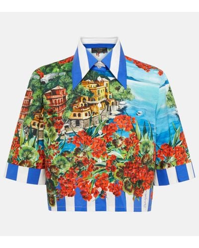 Dolce & Gabbana Portofino Printed Cotton Poplin Cropped Shirt - Blue