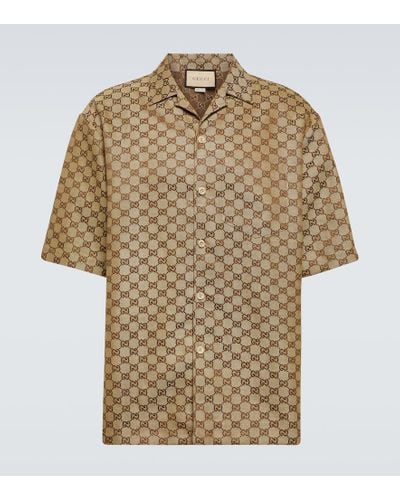 Gucci Hemd aus Jacquard aus einer Leinenmischung mit Logomuster und Reverskragen - Braun