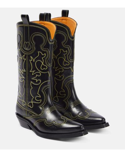 Ganni Embroidered Leather Cowboy Boots - Black