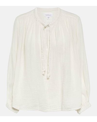 Velvet Blusa de algodon con lazada en el cuello - Blanco