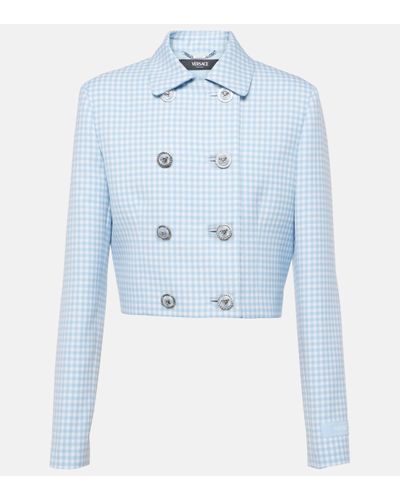 Versace Gingham Cropped Virgin Wool Jacket - Blue