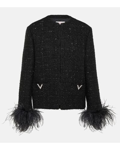Valentino Veste en tweed et plumes - Noir