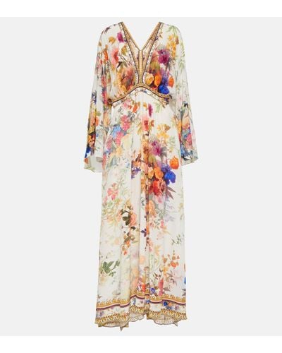 Camilla Gathered Floral Silk Maxi Dress - Metallic