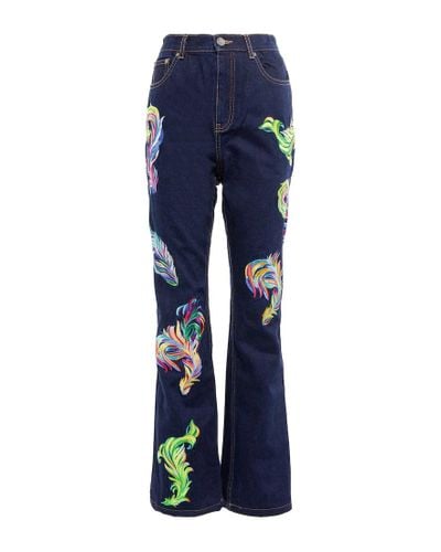 Area Embroidered Feather Back-slit Jeans - Blue