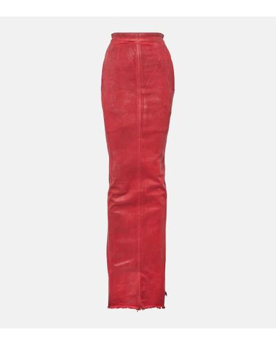 Rick Owens Dirt Pillar Coated Denim Maxi Skirt - Red