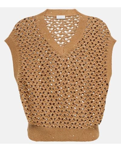 Brunello Cucinelli Open-knit Cotton, Linen And Silk Top - Metallic
