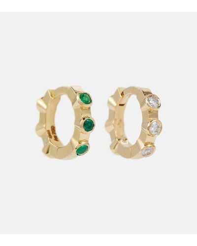 Ileana Makri Stepping Stone Midi 18kt Gold Hoop Earrings With Diamonds And Emeralds - Metallic