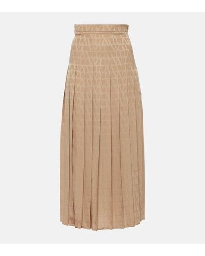 Valentino Toile Iconographe Pleated Silk Midi Skirt - Natural