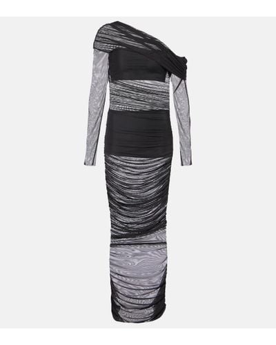 The Sei One-shoulder Ruched Mesh Midi Dress - Black