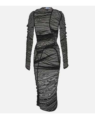 Mugler Ruched Mesh Midi Dress - Grey