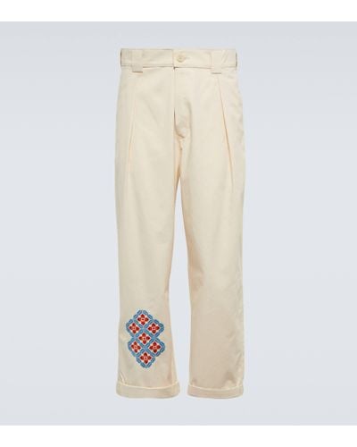 Adish Embroidered Straight Cotton Trousers - Natural