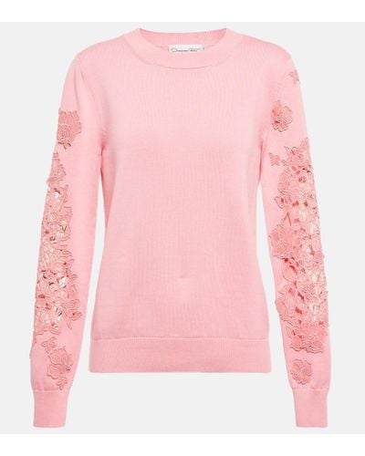 Oscar de la Renta Appliqued Cotton Sweater - Pink
