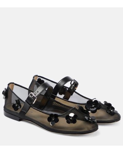 Mach & Mach Sequined Floral-applique Mary Jane Flats - Black