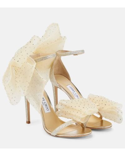 Jimmy Choo Aveline 100 Bow-detailed Crystal-embellished Mesh And Glittered Leather Sandals - Natural