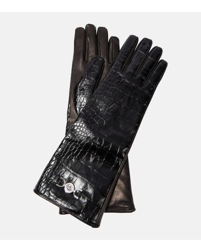 Versace Croc-effect Leather Gloves - Black