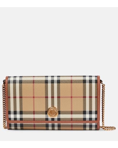 Burberry Hannah Check-print Woven And Leather Wallet-on-chain - Brown