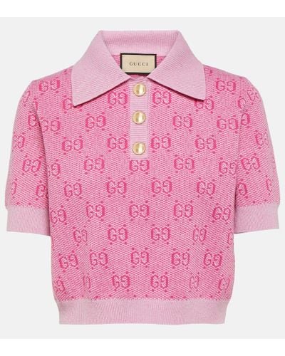 Gucci GG Cropped Wool Jacquard Polo Shirt - Pink