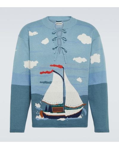 Bode Pinafore Bow-detail Cotton Jacquard Sweater - Blue
