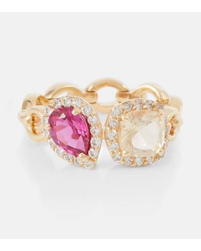 Nadine Aysoy Ring Catena Double aus 18kt Gelbgold mit Saphir, Rubellit und Diamanten - Pink