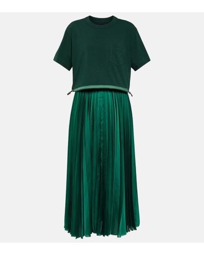 Sacai Pleated Jersey And Satin Midi Dress - Green