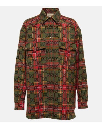Gucci Camisa en tartan de lana con GG - Rojo