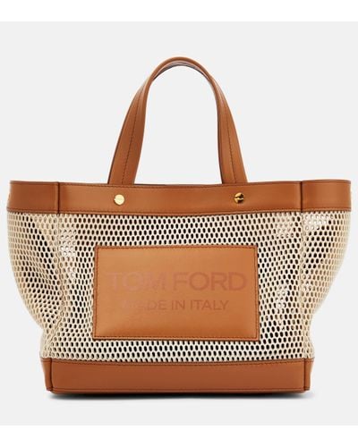 Tom Ford T Screw Small Leather And Mesh Tote Bag - Brown
