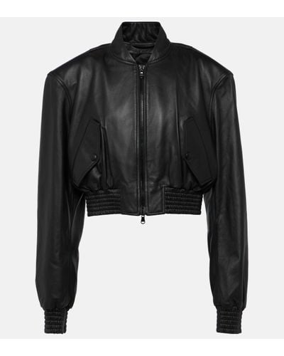 Wardrobe NYC Cropped Leather Bomber Jacket - Black