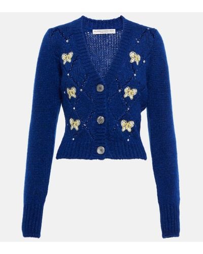 Alessandra Rich Embellished Alpaca Wool-blend Cardigan - Blue