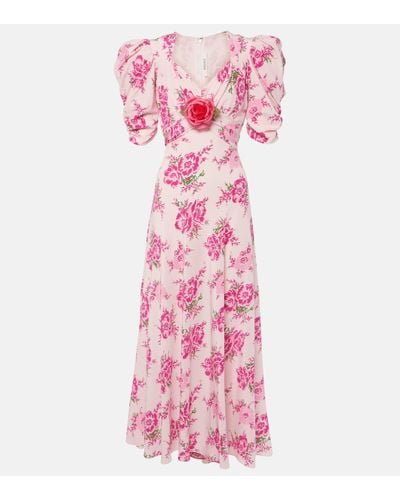 Rodarte Floral-applique Puff-sleeve Silk Gown - Pink
