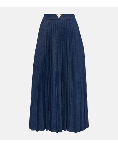 Valentino Falda midi plisada de chambray con VGold - Azul