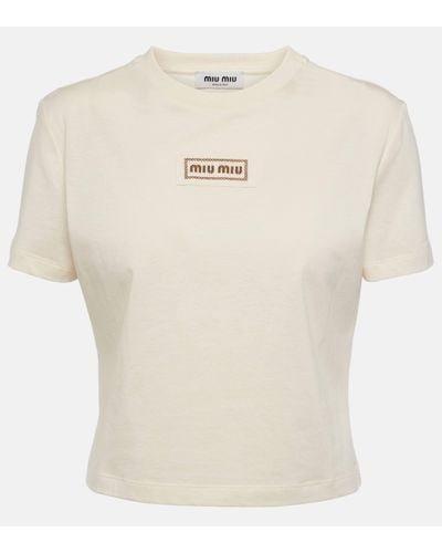 Miu Miu T-shirt raccourci en coton a logo - Blanc