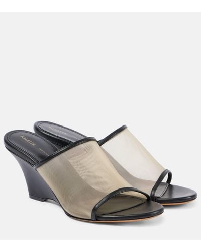 Khaite Marion Leather And Mesh Wedge Mules - Grey