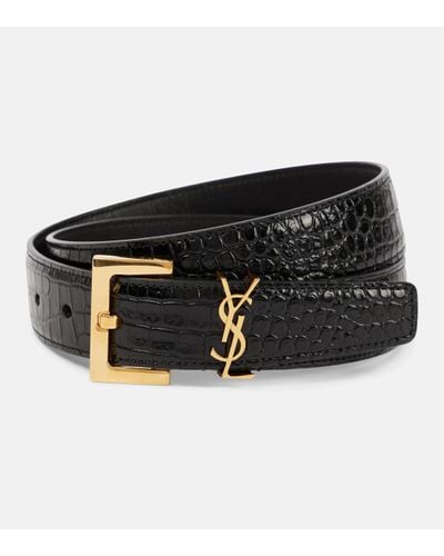 Saint Laurent Monogram Croc-effect Leather Belt - Black