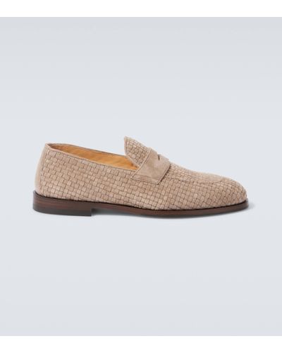 Brunello Cucinelli Woven Suede Penny Loafers - Natural