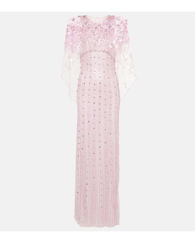 Jenny Packham Nettie Beaded Tulle Cape Gown - Pink