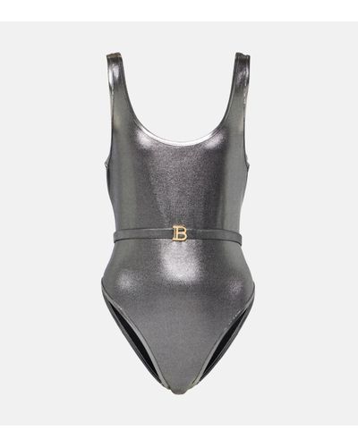Balmain B Belted Metallic Swimsuit - Grey