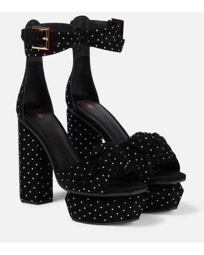 Balmain Ava Embellished Suede Platform Sandals - Black