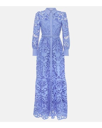 Self-Portrait Belted Cotton Lace Maxi Dress - Blue