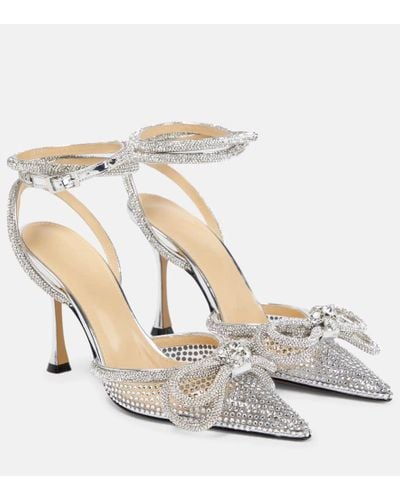 Mach & Mach Double Bow Crystal-embellished Satin Heeled Sandals - Metallic