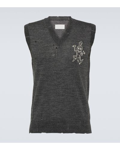 Maison Margiela Printed Distressed Wool Jumper Vest - Grey