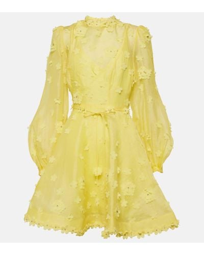 Zimmermann Floral-appliqué Crystal-embellished Linen And Silk-blend Mini Dres - Yellow