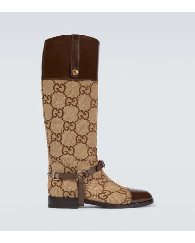 Gucci GG-canvas And Leather-harness Boots - Brown
