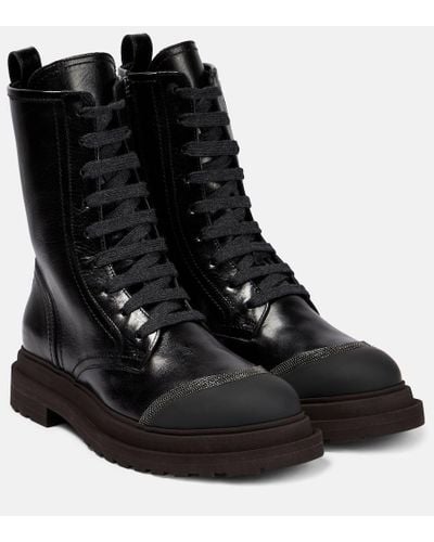 Brunello Cucinelli Lace-up Leather Ankle Boots - Black