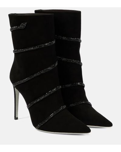 Rene Caovilla Suede Rhinestone Ankle Boots Boots, Ankle Boots - Black